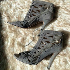 Nine West Gray Suede Peep Toe Heels w/ Edgework Details
